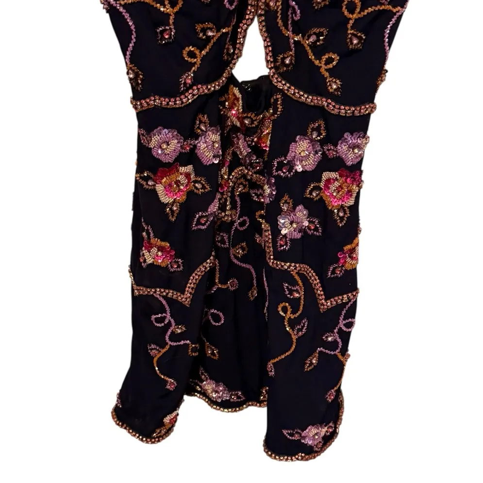 Designer Navy Beaded Thick Mini Dress Blue Size XS - Image 3