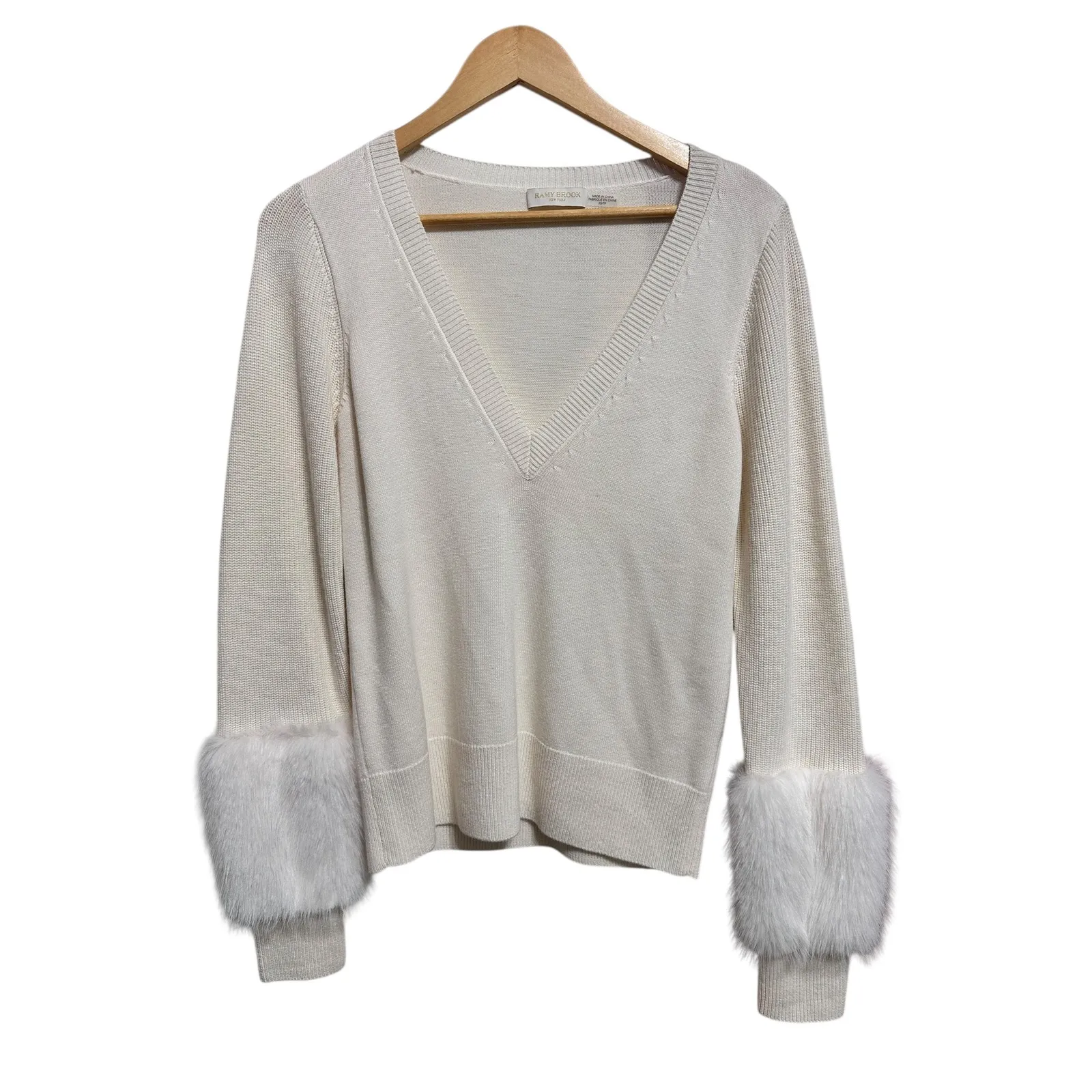 Ramy Brook Brody faux fur trim knit Cream Sweater V Neck cashmere wool XS $395 - Image 2