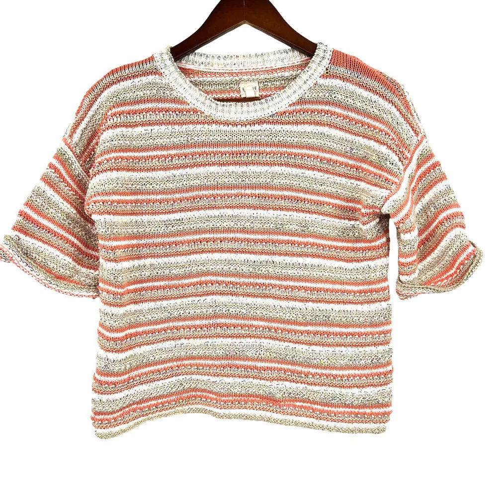REBECCA TAYLOR Women multi-color gold shimmer stripe short sleeve knit top small - Image 2