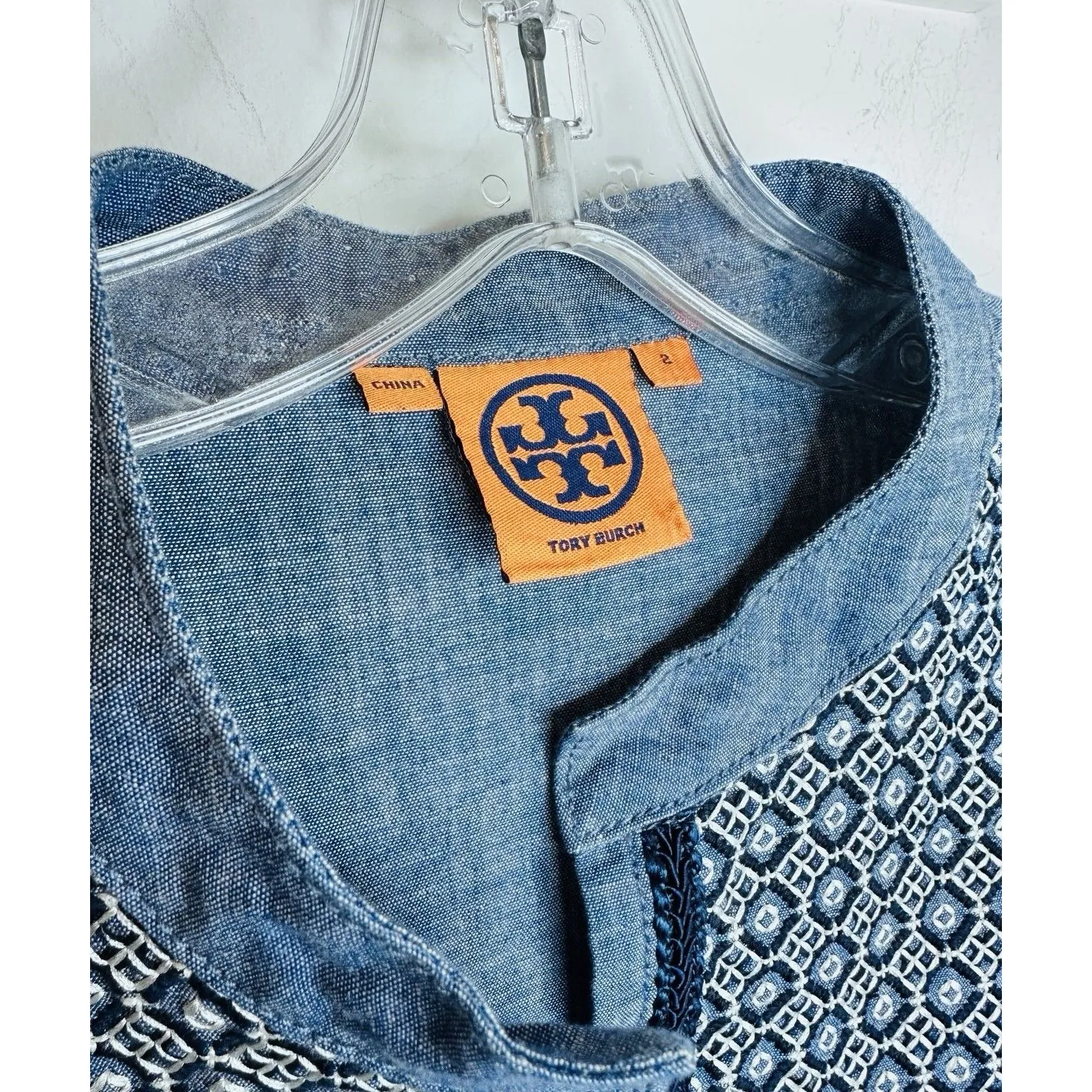 Tory Burch Womens Shirt Size XS 2 Blue Embroidery Was Designer Denim Minimalist - Image 5