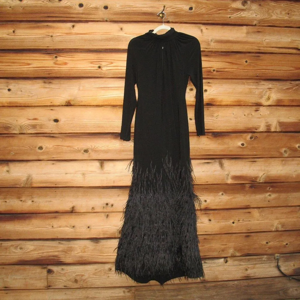 MAC DUGGAL  11839 Black Jersey Long Sleeve High Neck Feather Gown - Image 10