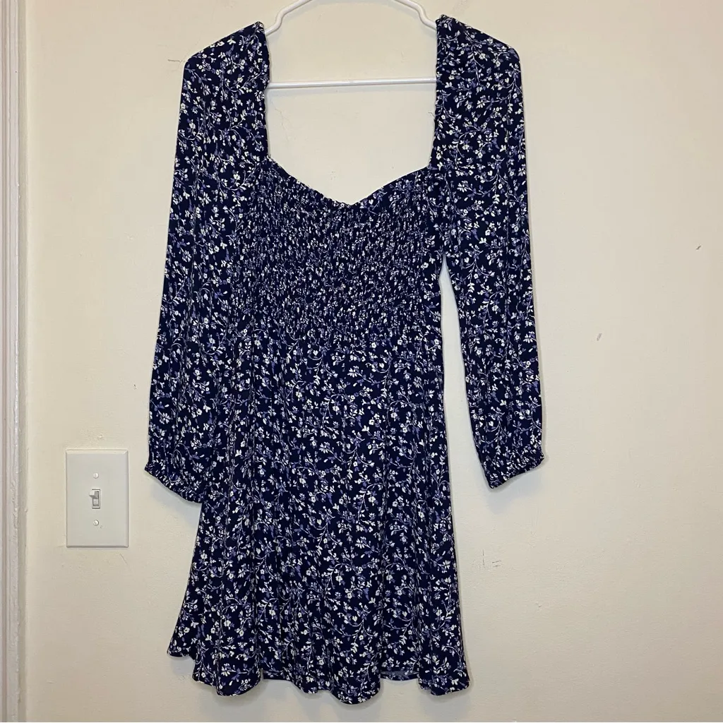 REFORMATION Mochi Floral Long Sleeve Sweetheart Mini Dress Blue/White Sz 4 Small - Image 11