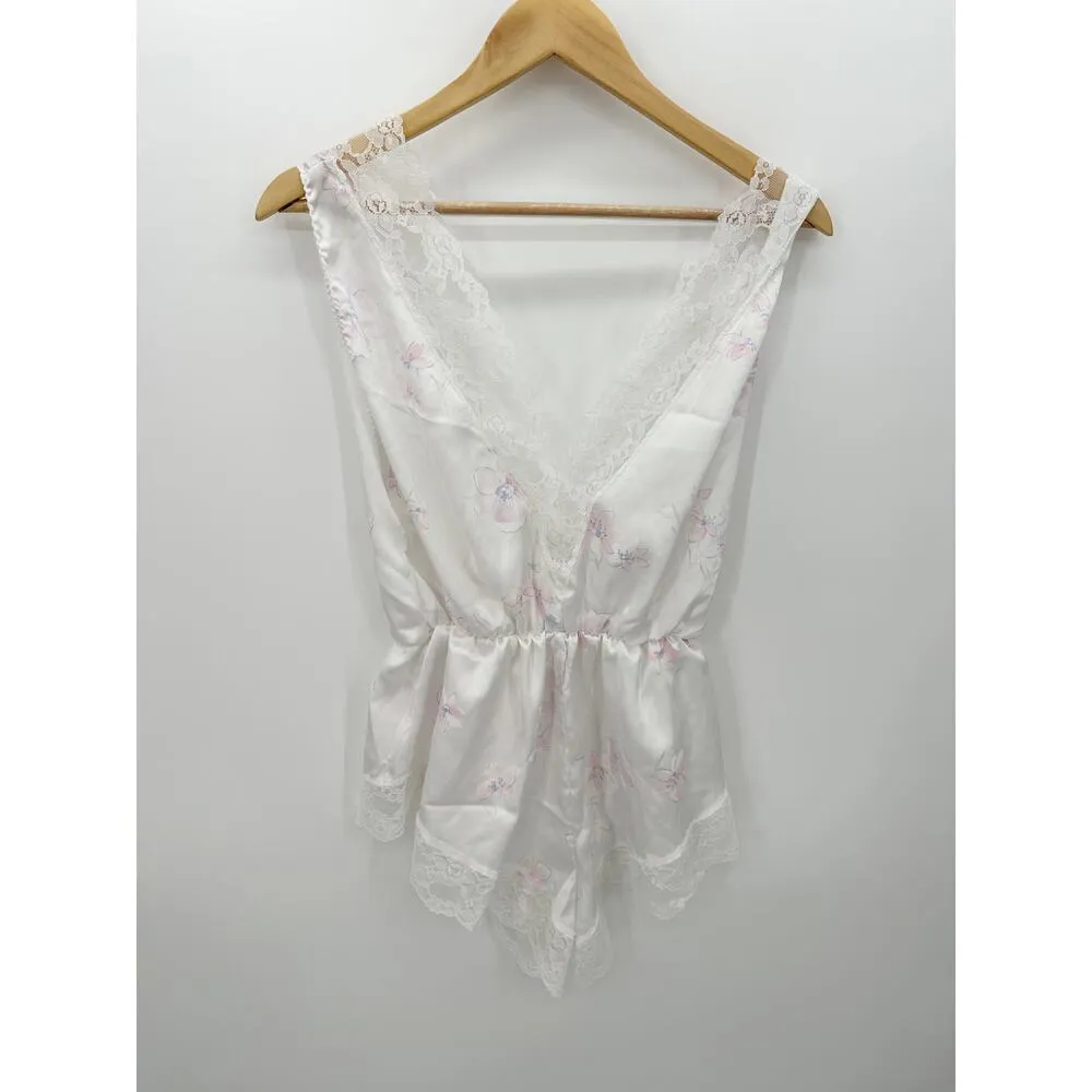 Jennifer Dale Vintage White Floral Sleep Satin Romper Lace Polyester Women Large - Image 2