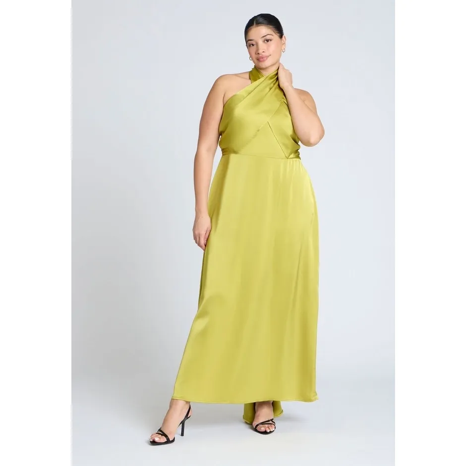 ELOQUII Dress SZ 14 Halter Neck Satin Maxi NWT Warm Olive Chartreuse Plus Curvy - Image 2