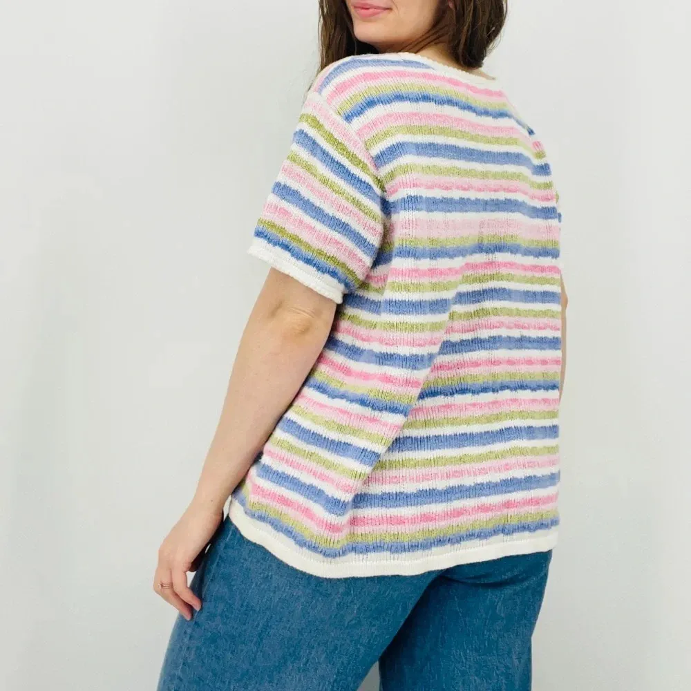 vtg cottagecore dainty scalloped pastel striped knit sweater ramie cotton top Pink Size XL - Image 5