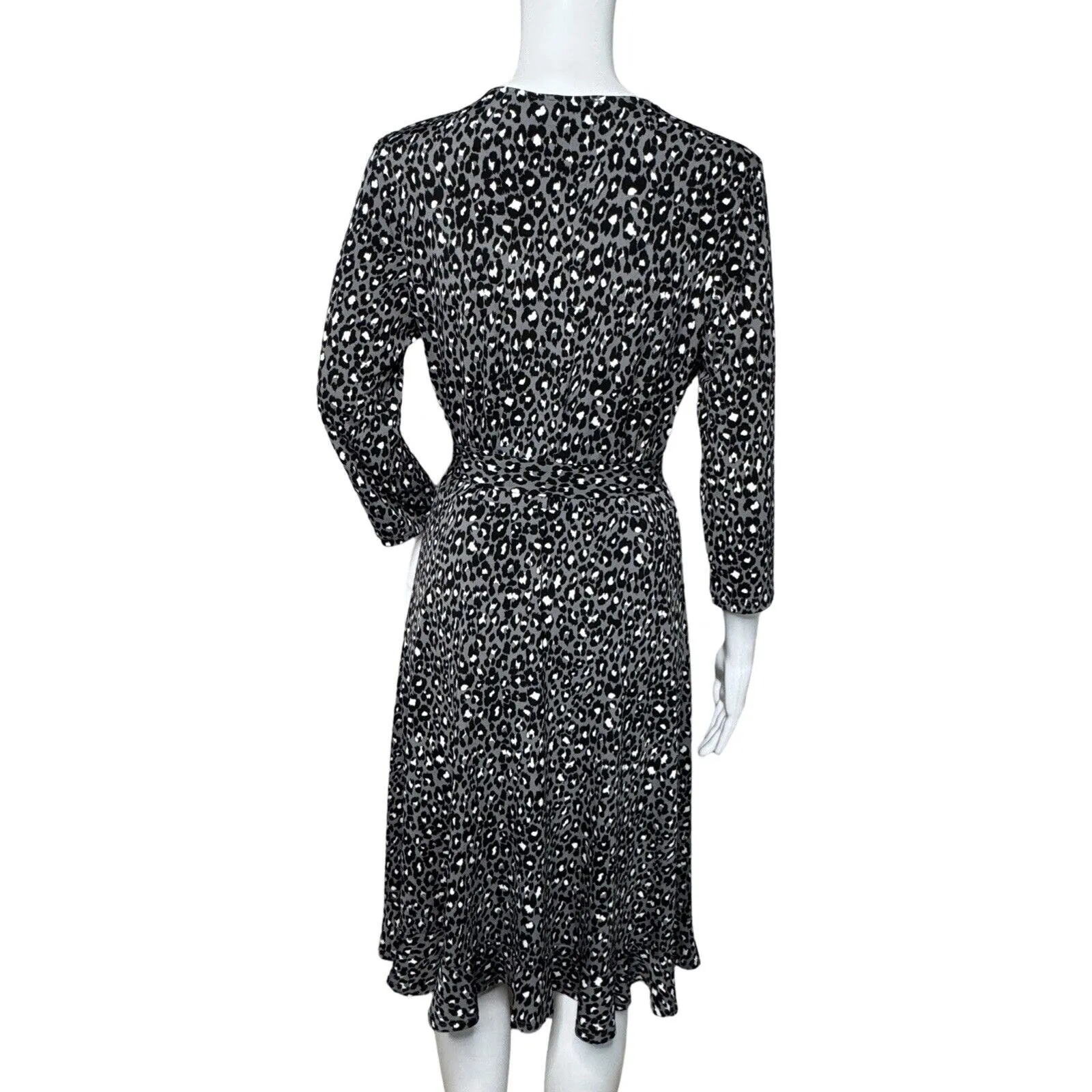 Leota Faux Wrap Midi Dress Womens M Black White Leopard Print Belted‎ Career - Image 4