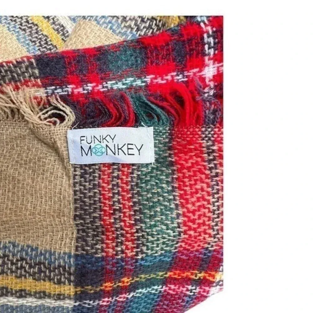 Funky Monkey Women’s Plaid Fall Winter Blanket‎ Infinity Scarf Wrap Tan Red New‍ - Image 4