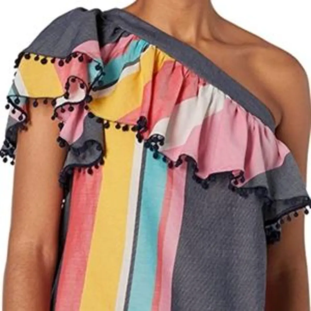 Trina Turk One Shoulder Los Angeles Colorful Striped Pompom Top Size XL - Image 9