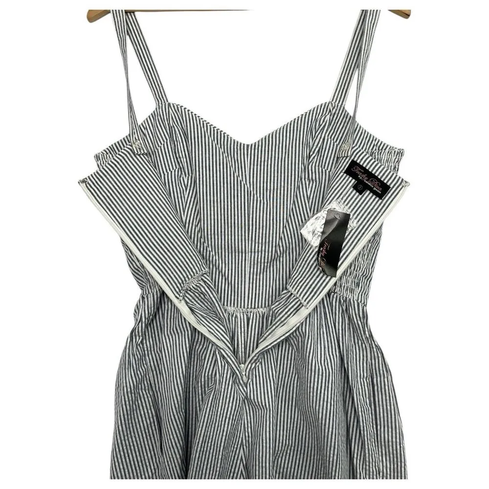 New Trashy Diva Romper Womens 8 Blue White Seersucker Pin Up Striped Retro 70s - Image 3