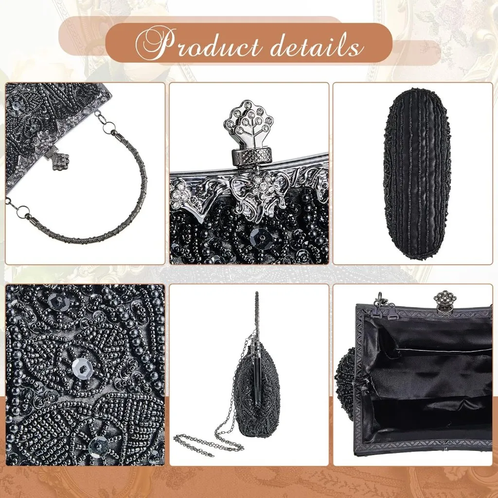 ⚡ Women's Black Rhinestones Vintage Beaded Satin Lining Evening Clutch Bag - Image 4