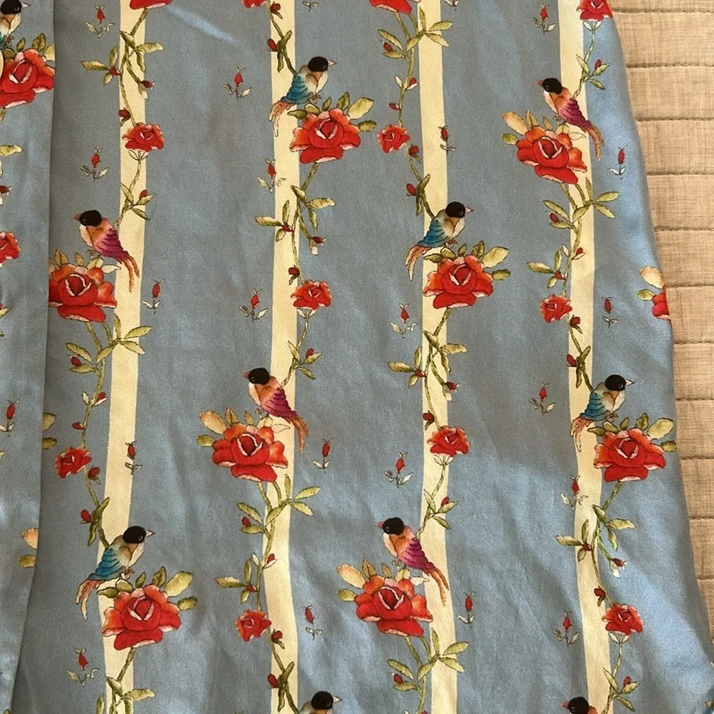 Novelty bird floral blue striped silk viscose button down night shirt M L​​​ - Image 13