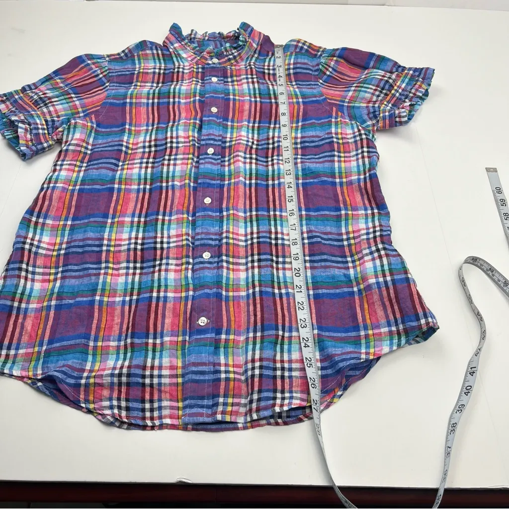 Polo Ralph Lauren 100% Linen Short Sleeve Shirt Button Front Multicolor Plaid 14 - Image 6