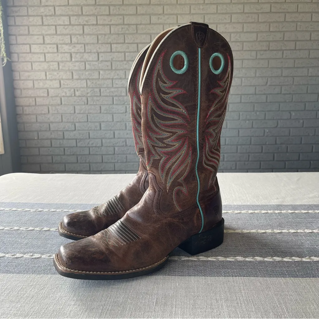 Ariat Round Up Ryder Western Boot Sassy Brown Pink Blue Size 10 - Image 7