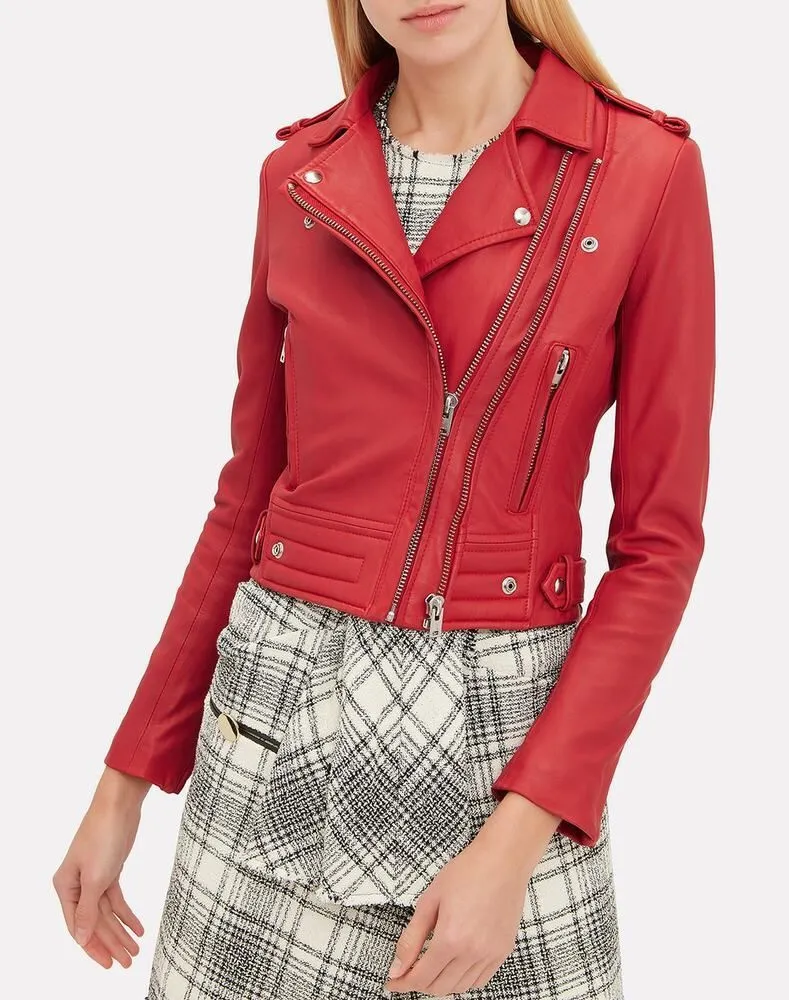 IRO Luiga Cropped Moto Jacket Women 36 Red Silver Double Zip Button Long Sleeve - Image 1
