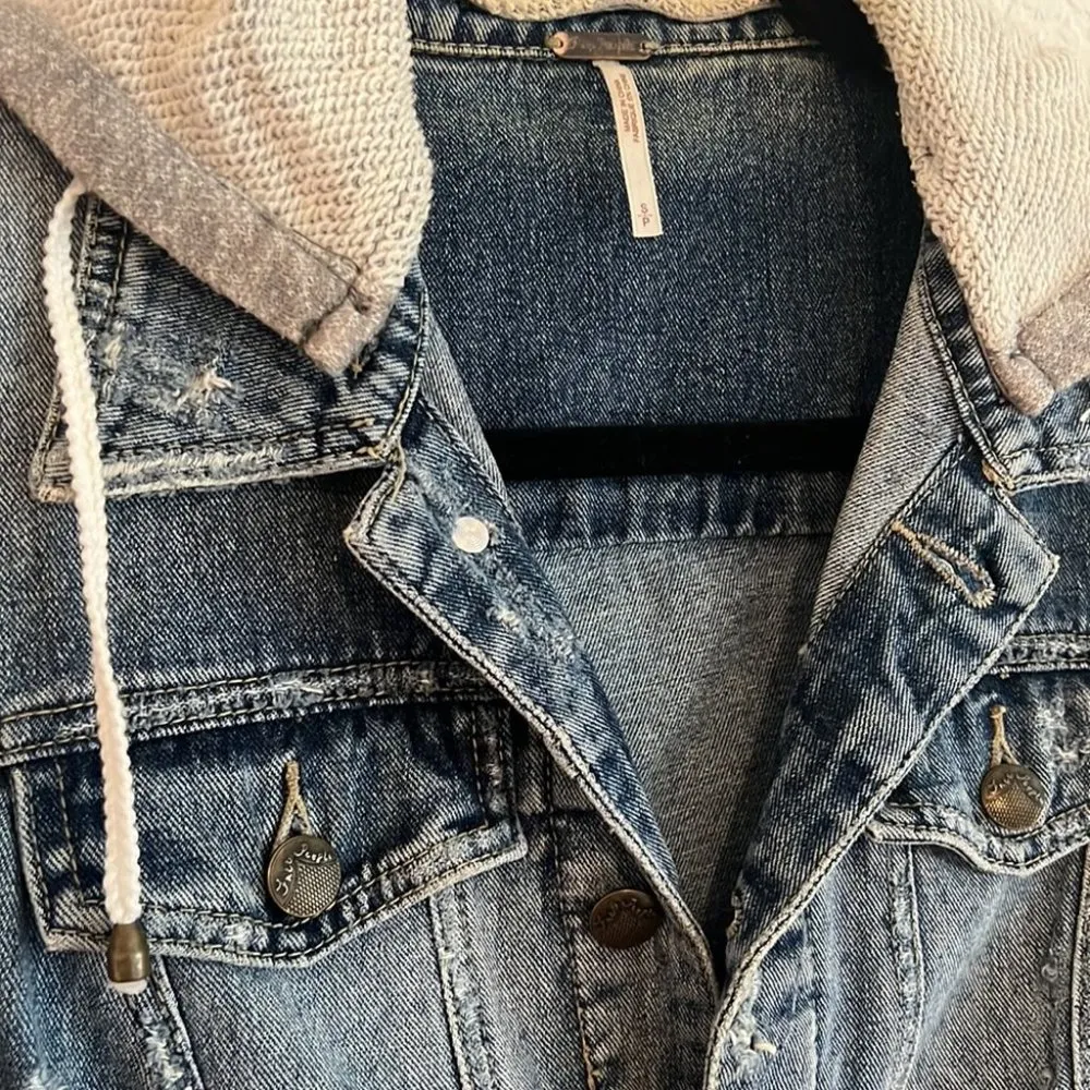 FREE PEOPLE Indie Wash Denim/Knit Hoodie Jacket Sz S - Image 4