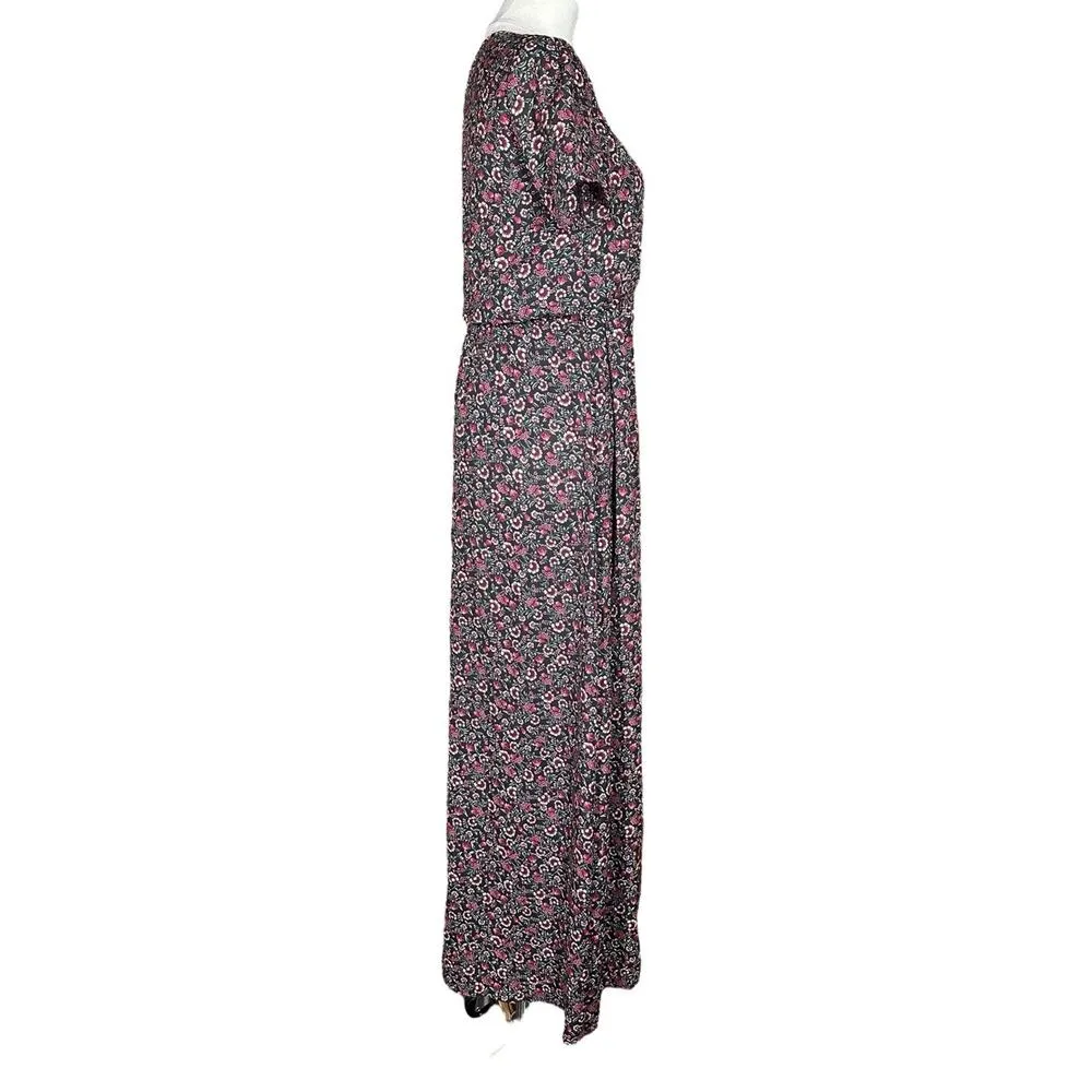 Miami Black Floral Print Faux Wrap Tie Maxi Dress Flowy Boho Peasant Womens XS - Image 9