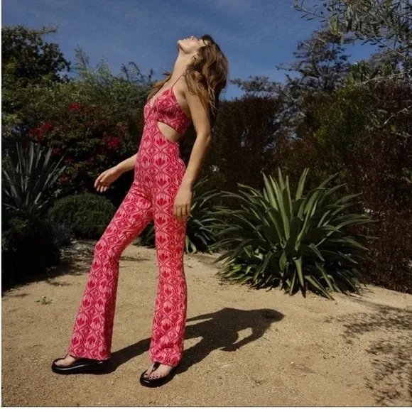 Zara Retro Jacquard Cut Out Flare Leg Bohemian Knitted Jumpsuit NWOT - Image 2