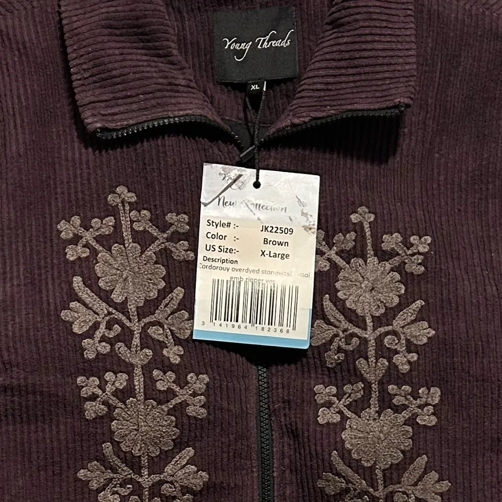 NWT..Young Threads Corduroy Embroidered Vest XL Dark eggplant/tag says brown - Image 5