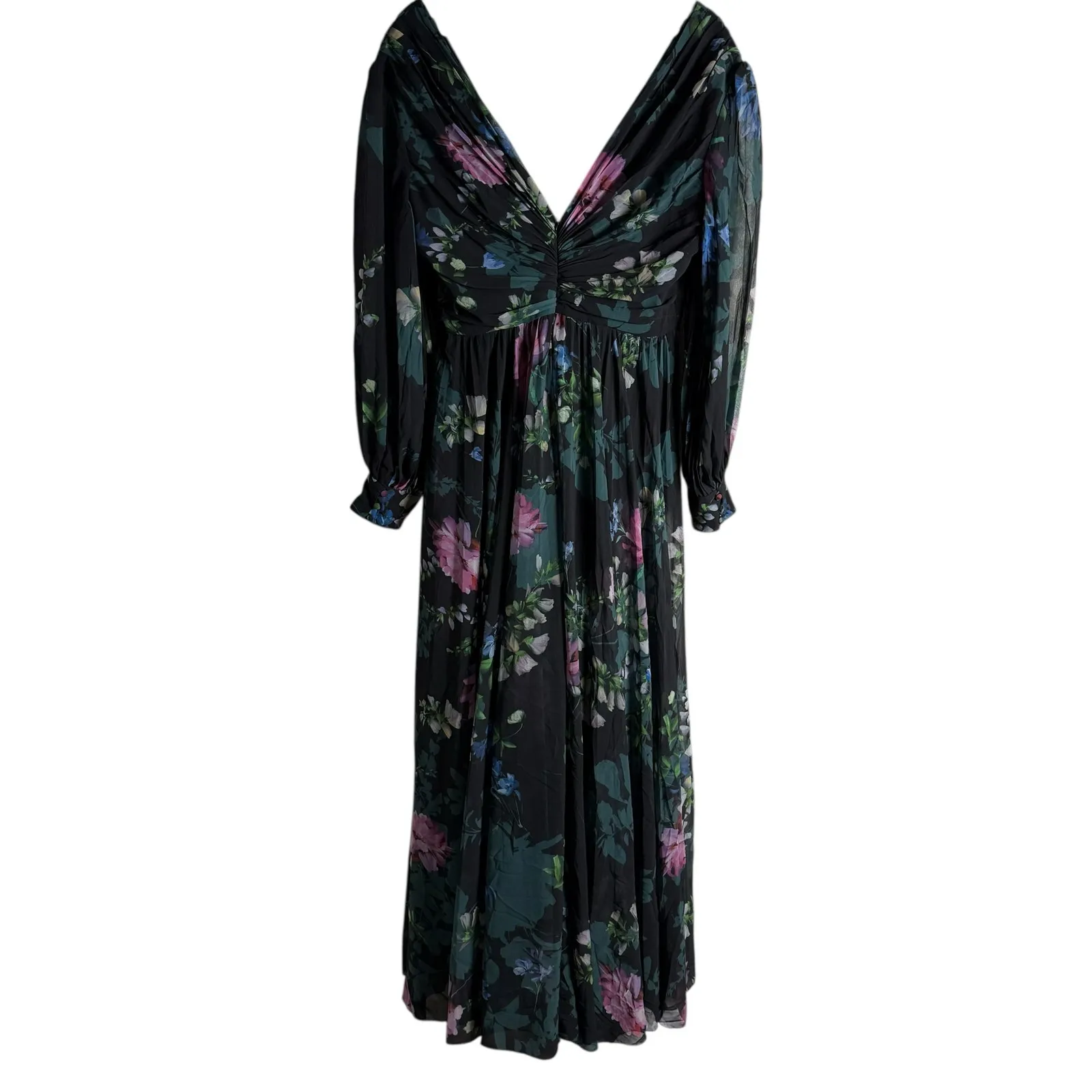 Badgley Mischka Black Floral Print Long Sleeve V-Neck Pleated Chiffon Gown 12 - Image 13