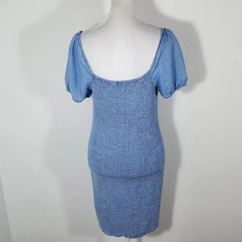 Love Tree Blue Chambray Mini Bodycon Dress Size Medium Blue Bodycon Denim Dress - Image 5