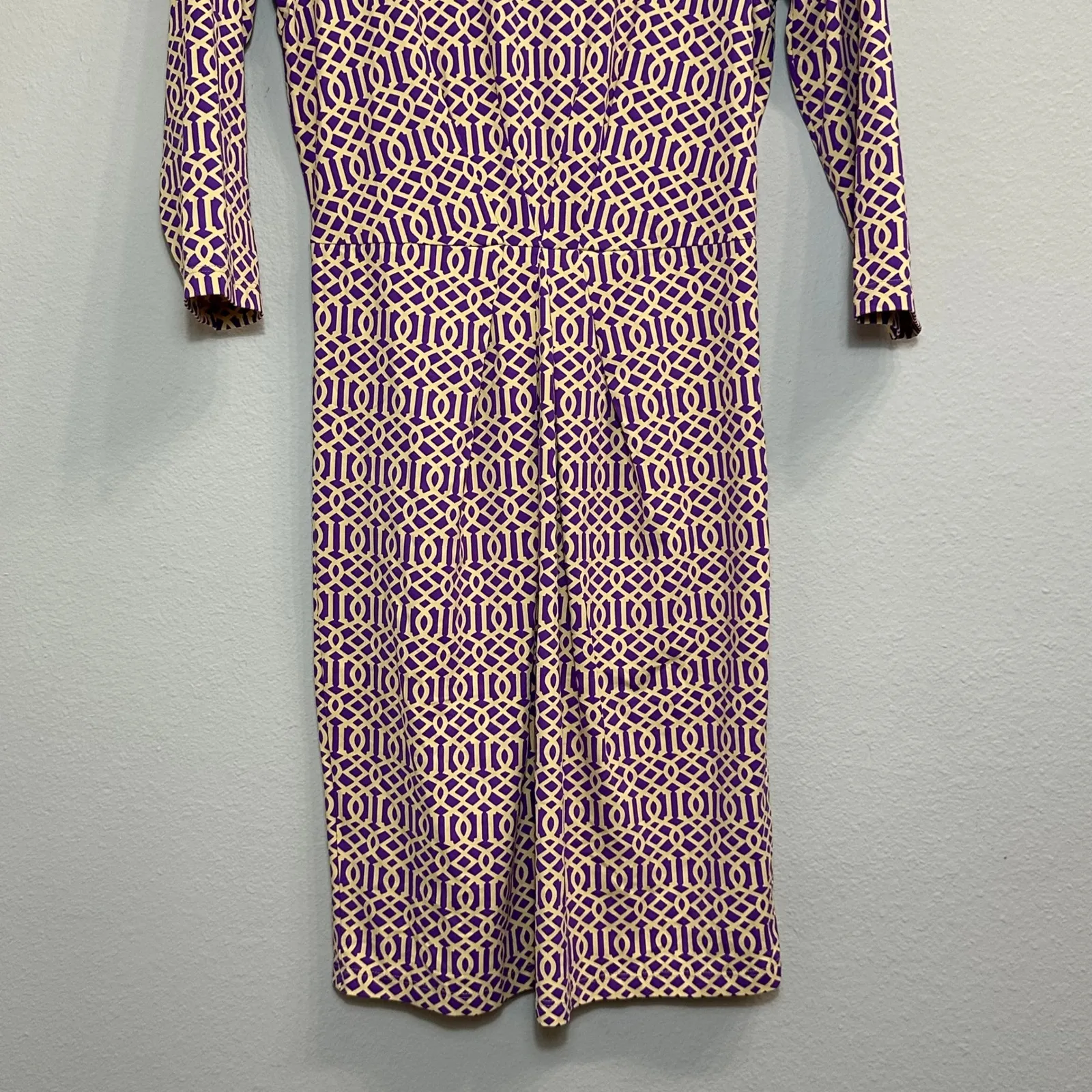 J. McLaughlin Catalina Cloth Sheath Dress 3/4 Sleeve Small Geometric PurpleCream - Image 5