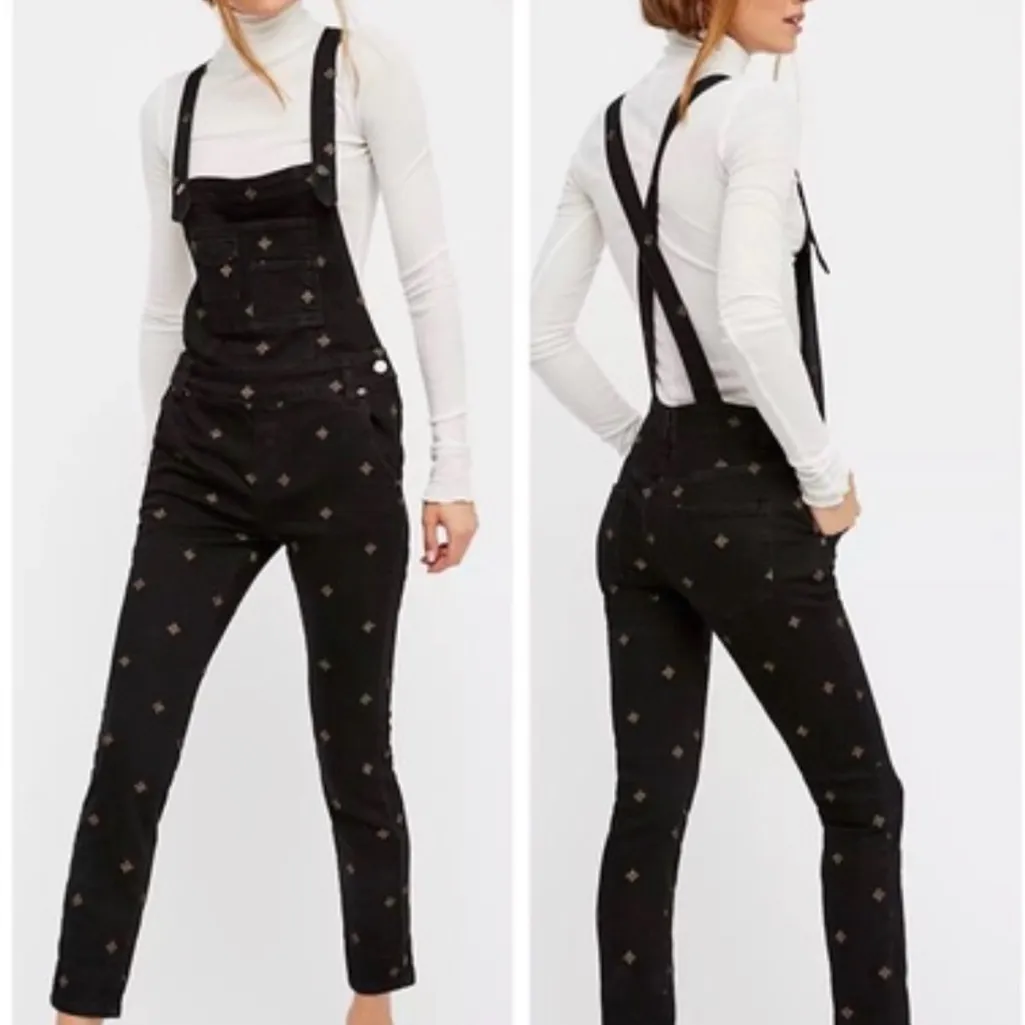 Free People Embroidered Star Skinny Overalls in Washed Black Gold Size 25 - Image 2