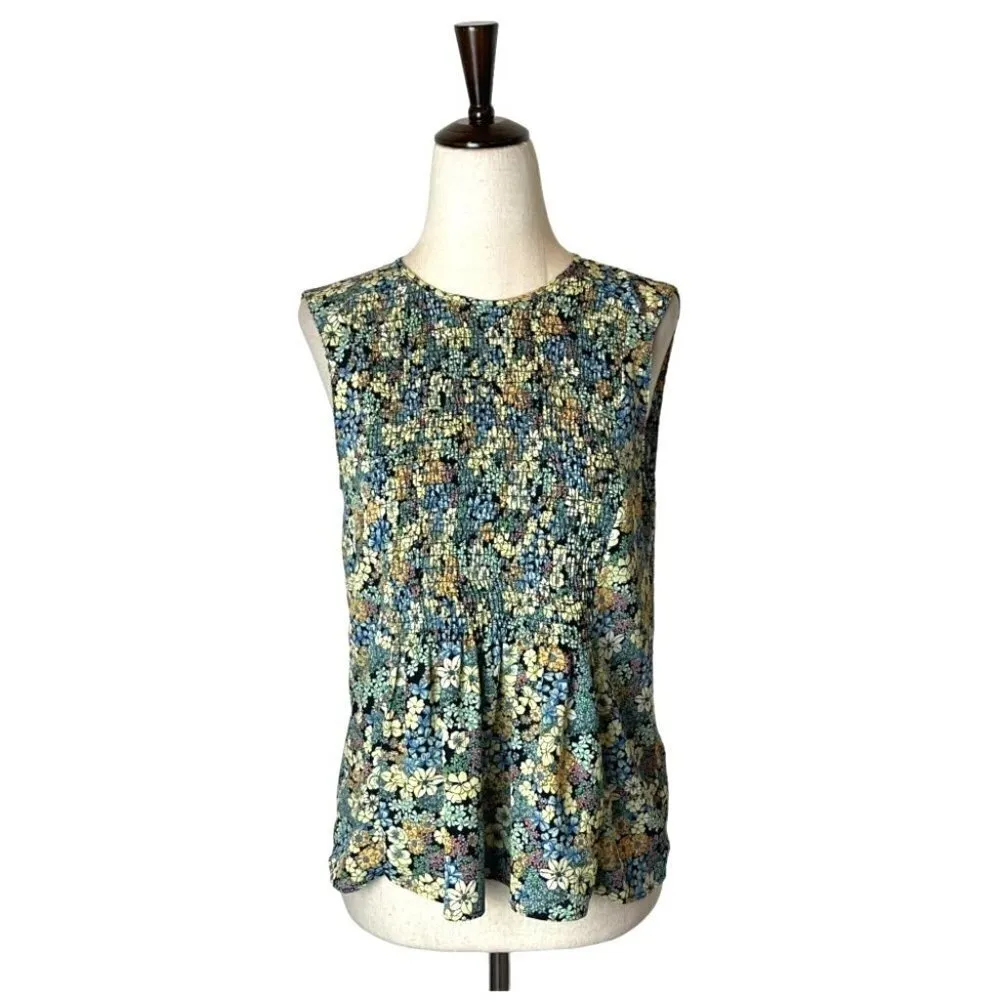 Zara Yellow And Green Floral Print Smocked‎ Bodice Keyhole Neck Blouse Size XS - Image 2