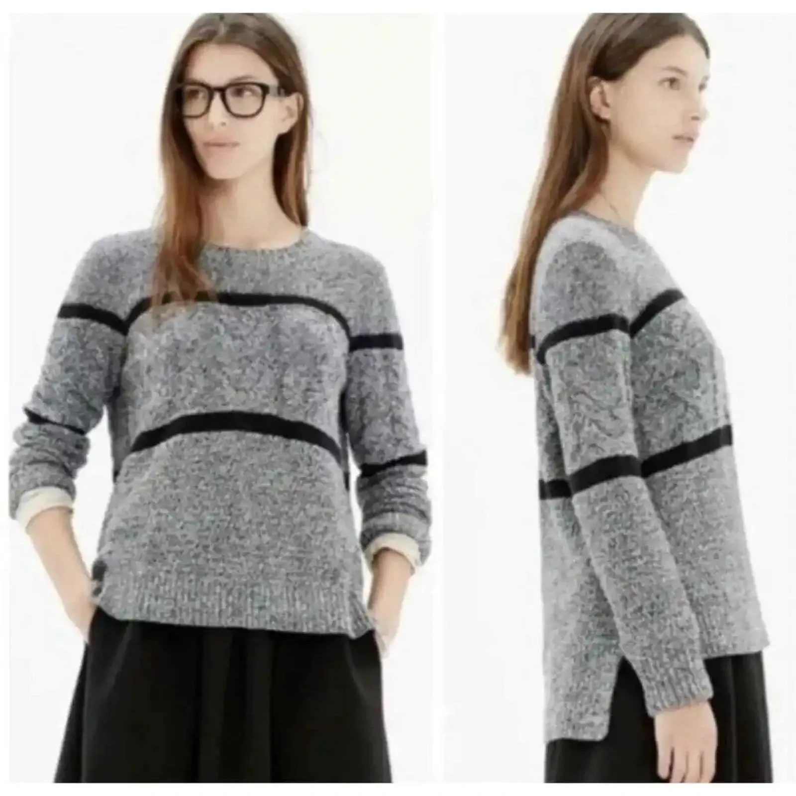 Madewell Patternstorm Black Marled Cable Knit Striped Crewneck Sweater‎ Size XS - Image 2