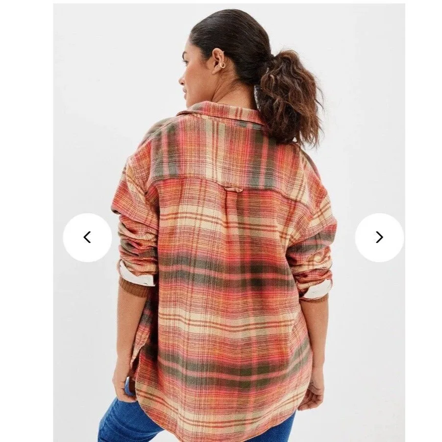 American Eagle Green Orange Plaid Fleece Flannel Oversized Button-down Shirt XS - Image 2