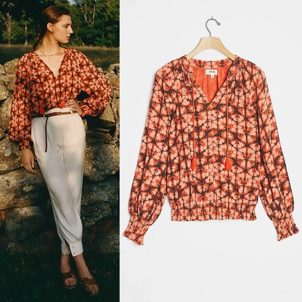 ANTHROPOLOGIE Porridge Elisabeth Peasant Blouse Tassel Boho Abstract Size M - Image 2
