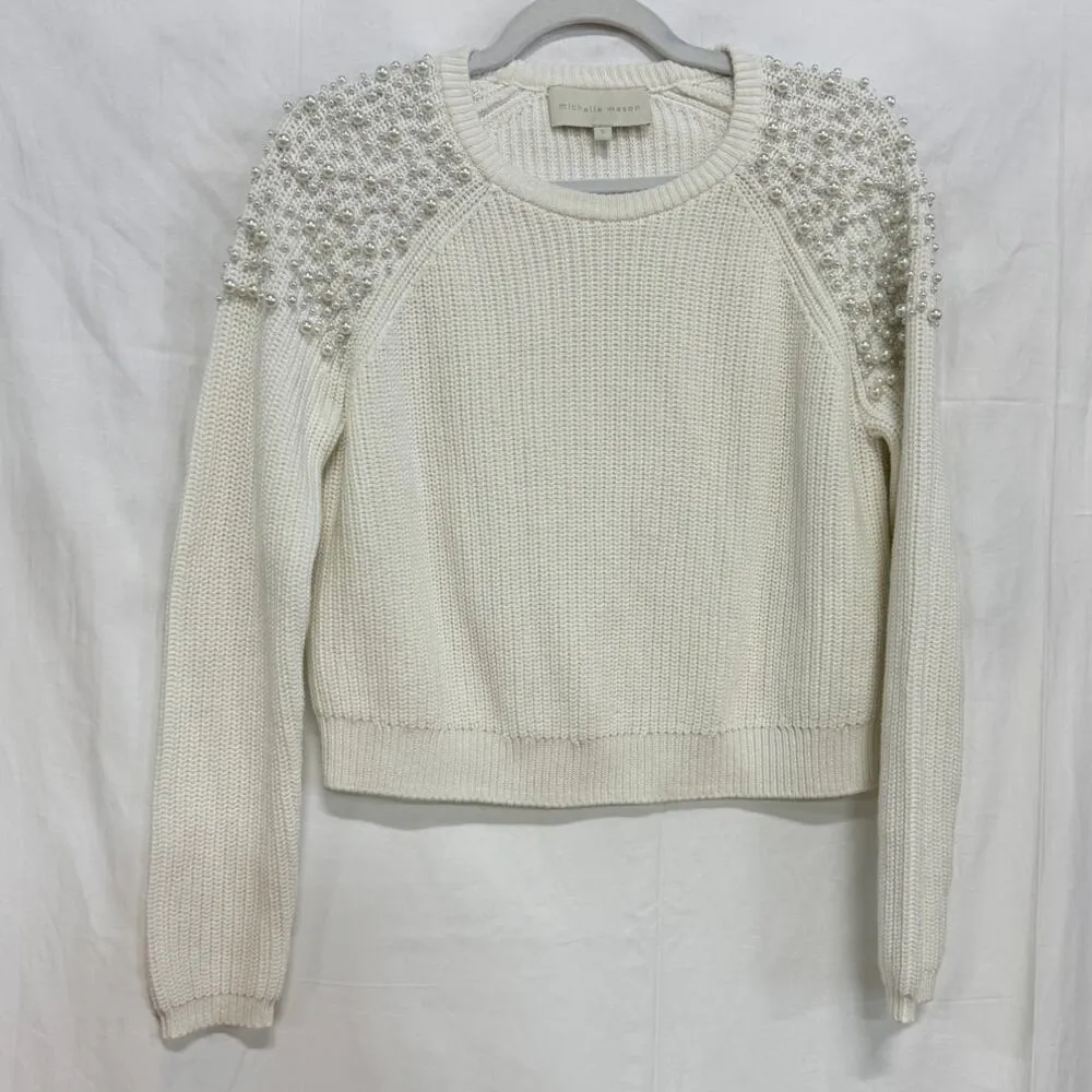 Michelle Mason Faux Pearl-Embellished Cotton Cropped Knit Sweater White Womens S - Image 2