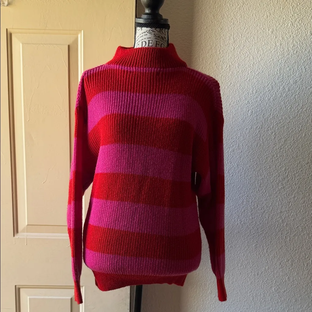 Vibrant Red and Pink Striped Women's Turtleneck Sweater - Image 7