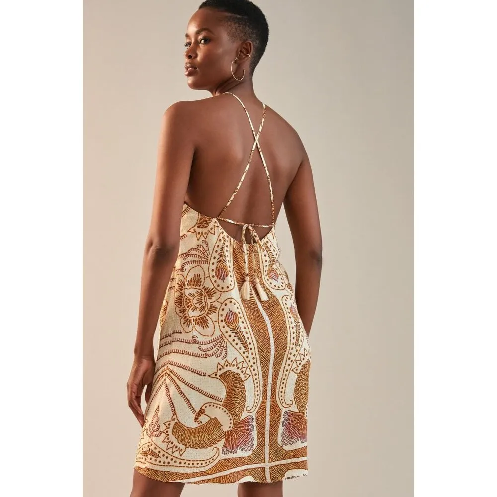 Farm Rio Women's S Halter Mini Dress Gold Tropical Boho Print Paisley Beach - Image 2