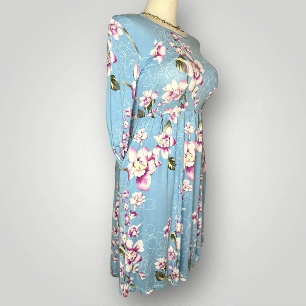 Db Moon Long Sleeve Empire Waist Flower Dress with Pockets (934) Blue Size M - Image 5
