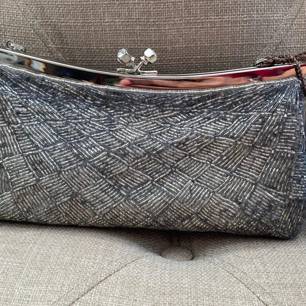 Kate Landry Silver Sequin Clutch Purse Handbag Shoulder Elegant - Image 2