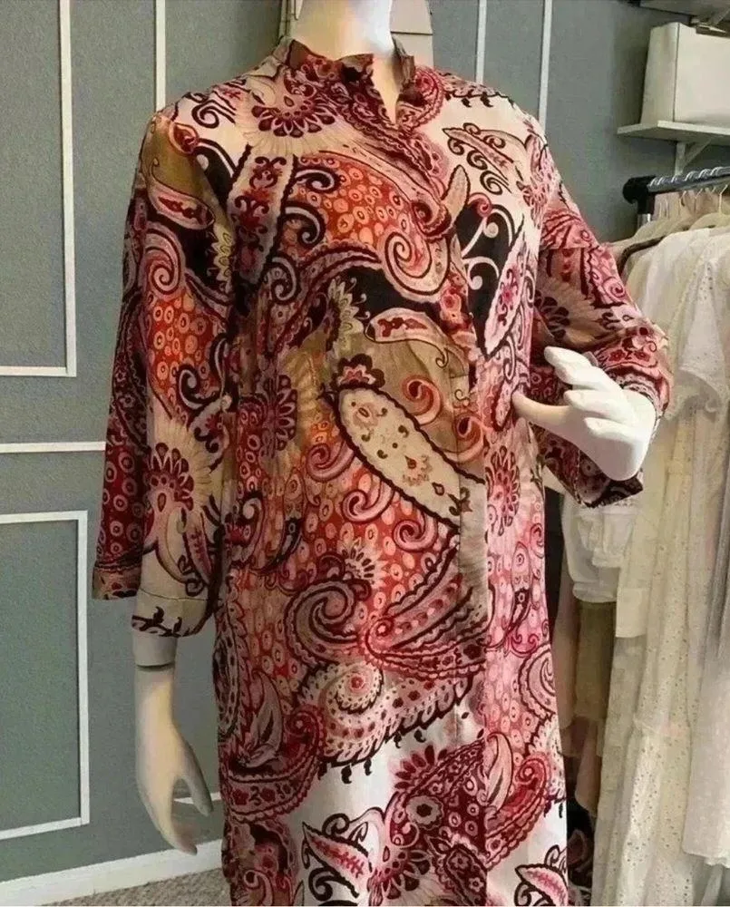 ZARA Tunic Red Paisley High Mock Neck Banded Collar Split Sides Size S - Image 12