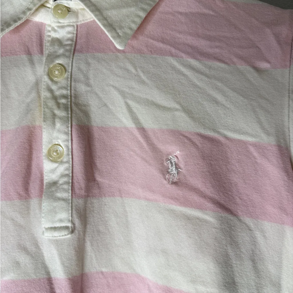 Ralph Lauren Golf Pink White Stripe Collar Polo Shirt Size Small Made In USA - Image 3