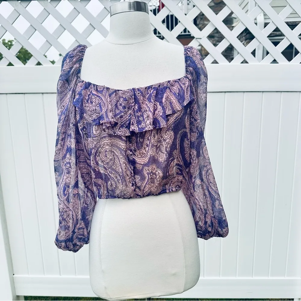 ZARA Purple Cropped Sheer Blouse Top Boho Indie Floral Mauve Ruffle - Image 6