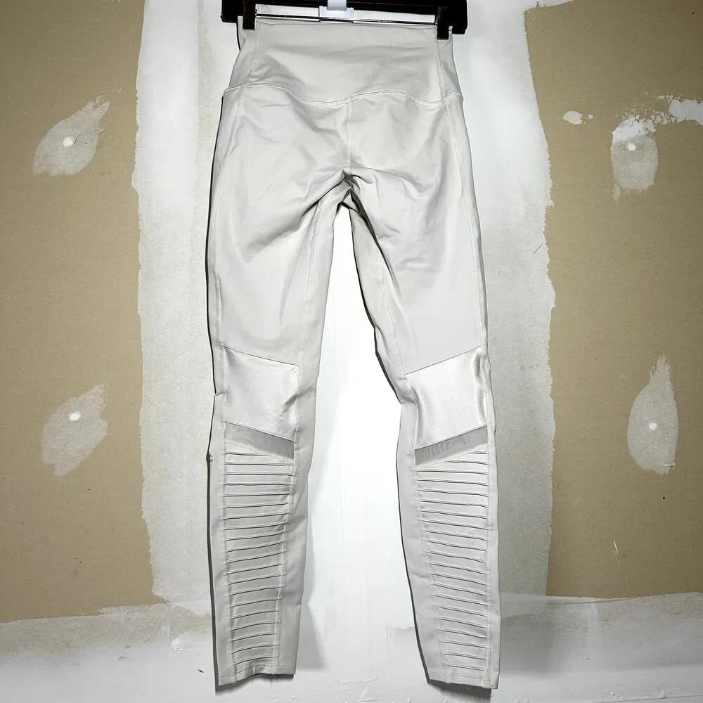 Alo Yoga 7/8 High Waist Moto Leggings Mesh Pleated Elastic Waist White Small - Image 5