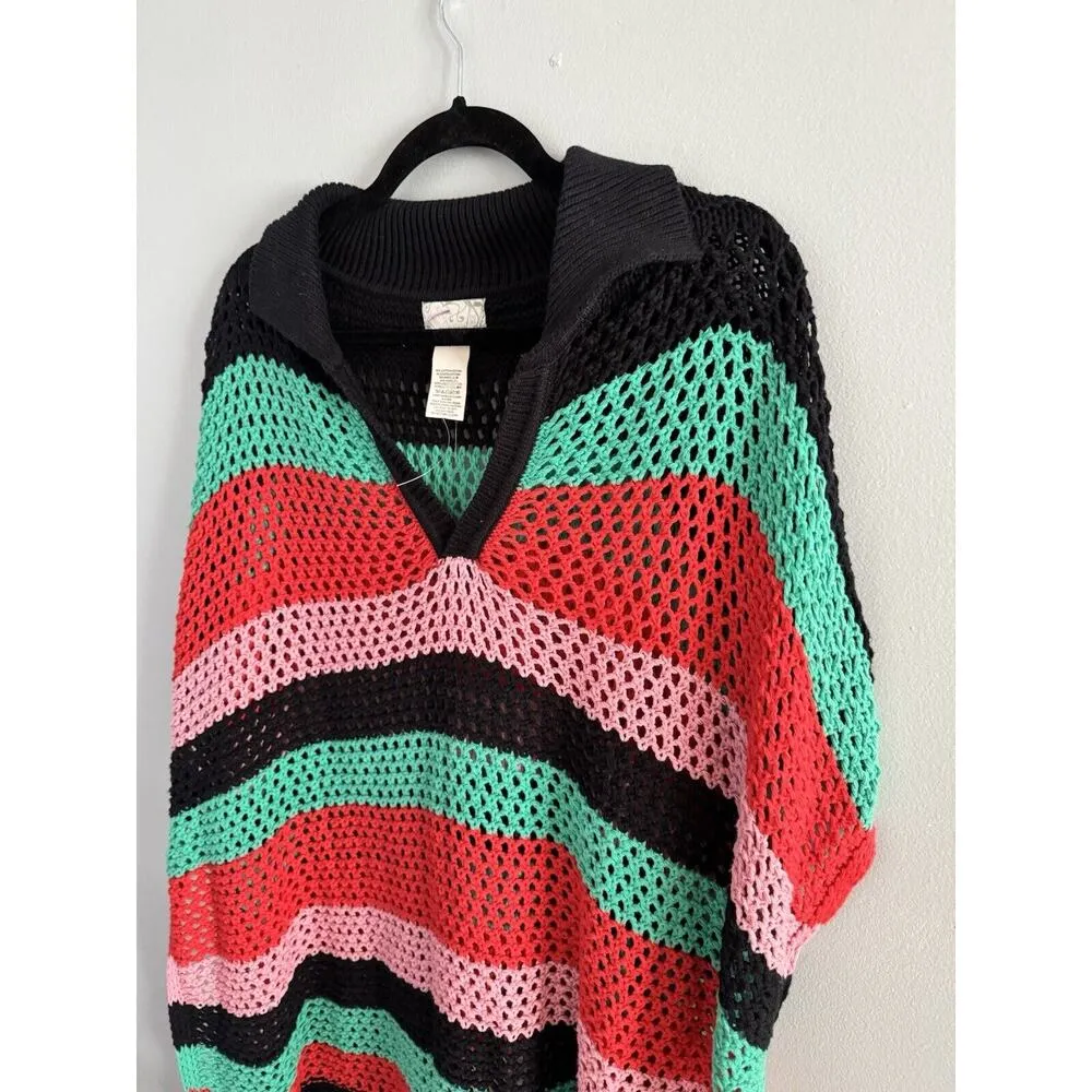 Free People Bayside Rainbow Stripe Open Knit Oversized Sweater Poncho Size OS - Image 6