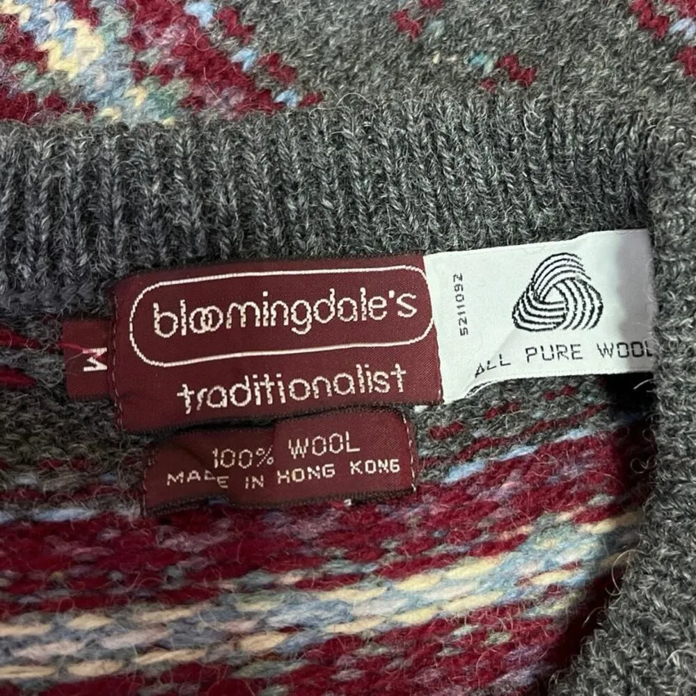 Bloomingdale's Gray 100% Wool Vintage Fair Isle Holiday Christmas Sweater Top M - Image 4