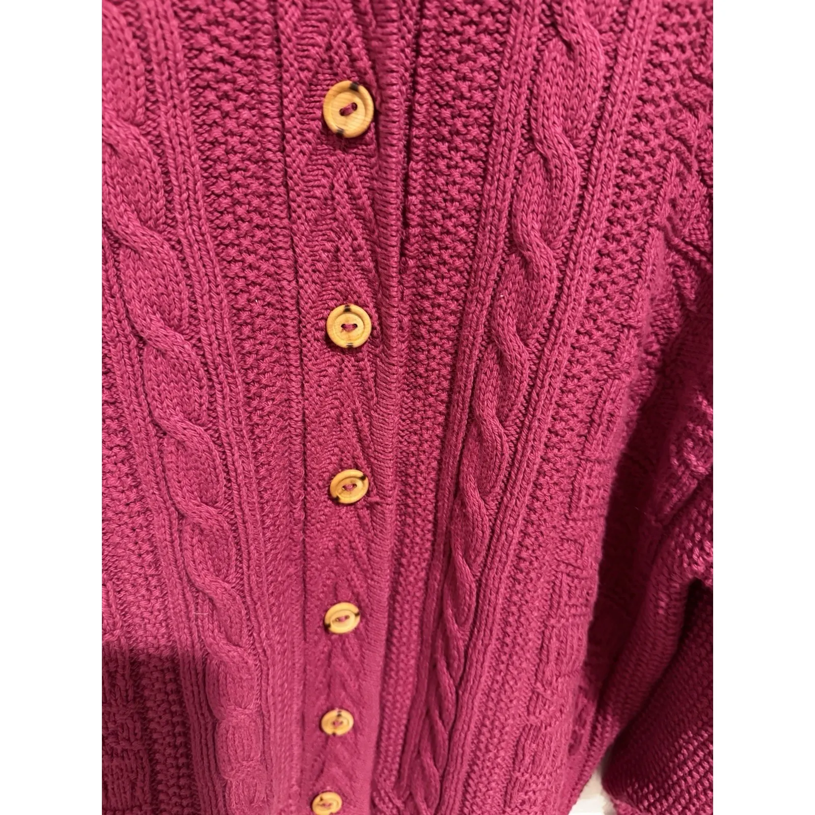 LL Bean Women Sweater Cardigan Vtg Fisherman Cable Knit Pink Magenta Wood Button Size L - Image 4