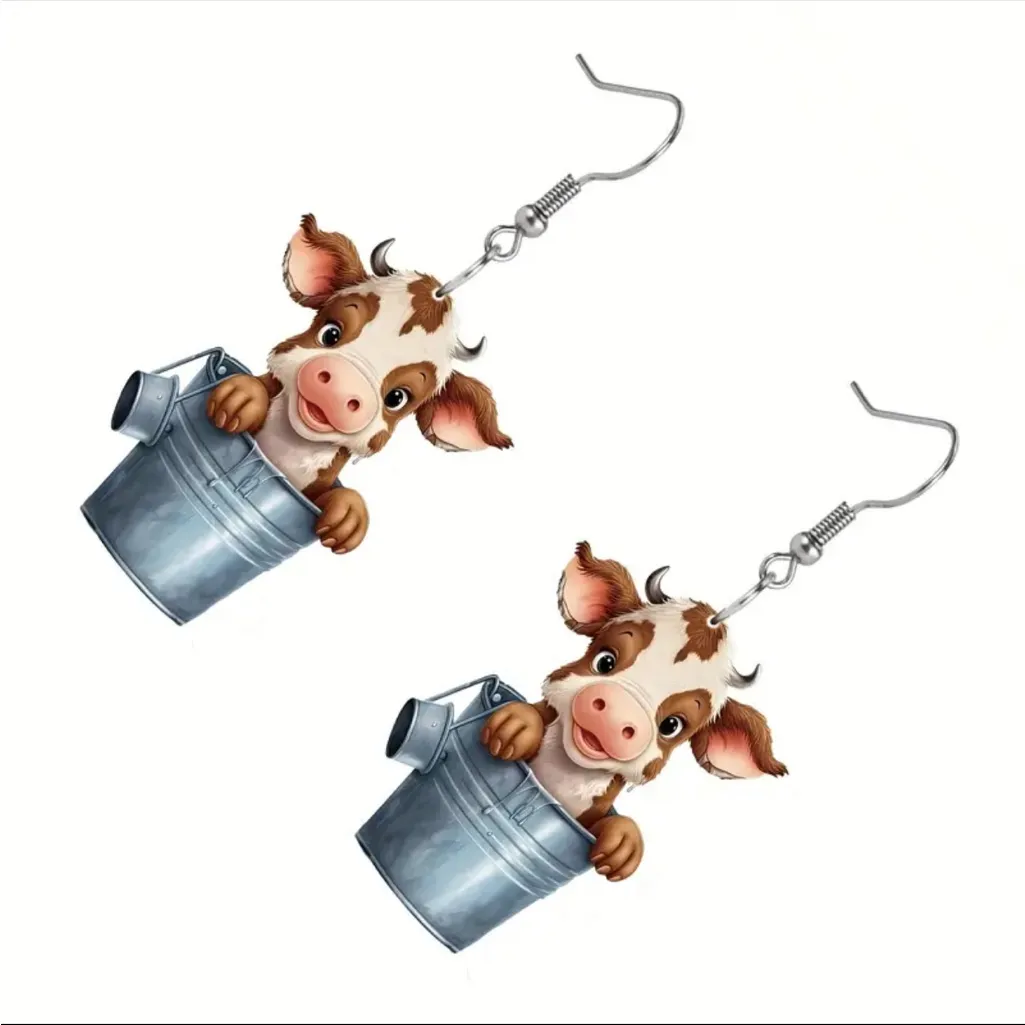 Cute Cow‎ Bucket Design Acrylic Dangle Earrings Cartoon Y2K Style Adorable - Image 4