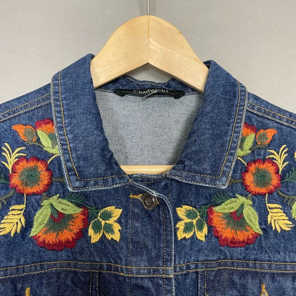 Embroidered Jean Jacket Autumn Colors Dark Wash Denim Women Size Small Fall‎ - Image 12