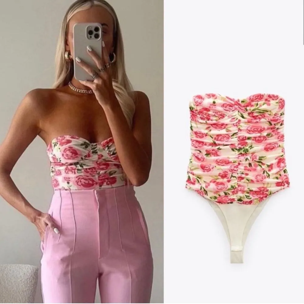 NWOT Zara Draped Ruched Floral Pink Rose Bodysuit Size Medium - Image 2