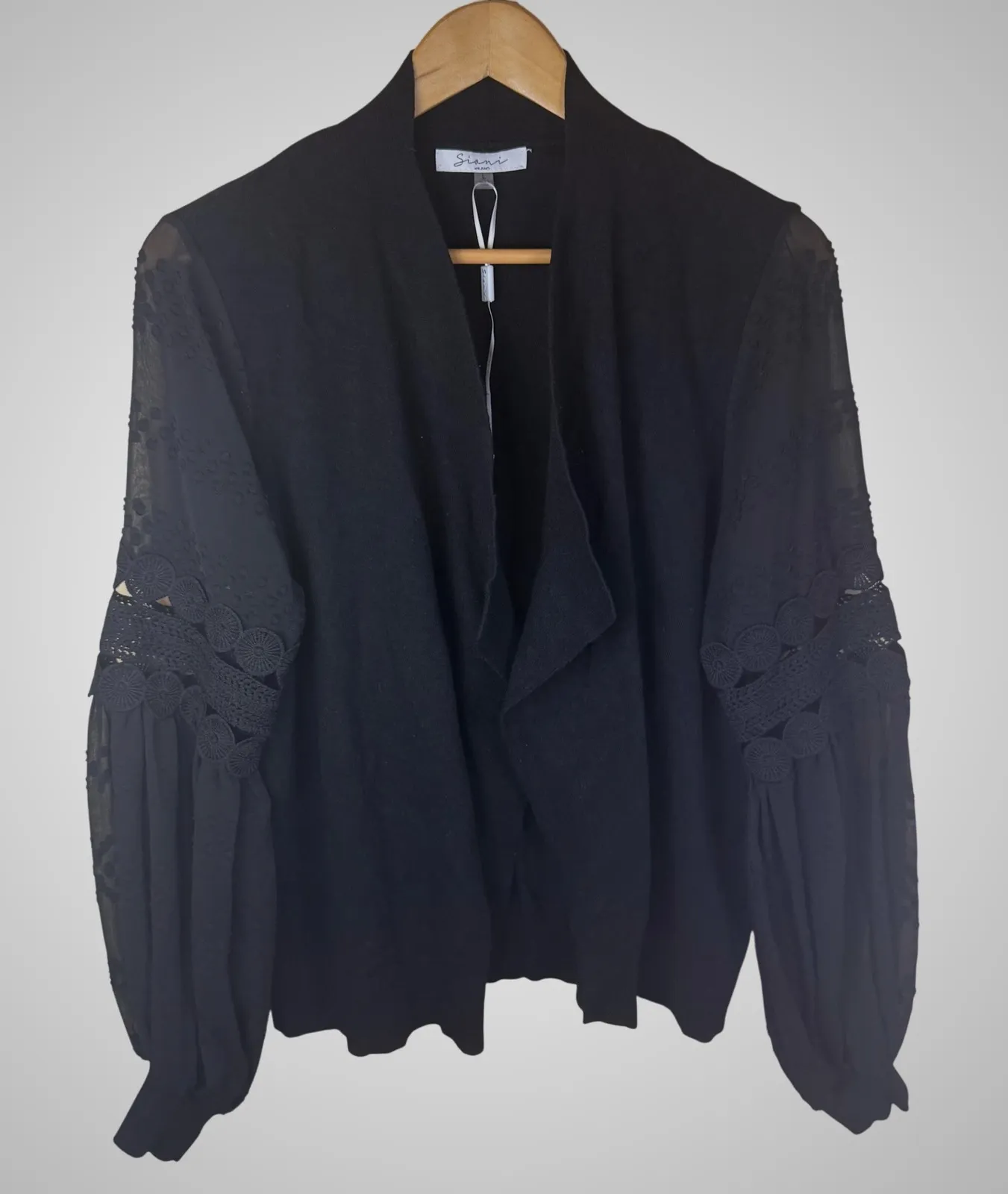 Siani Milano Black Cardigan Draped Open Front Crochet Balloon Lace Sleeve Large - Image 1