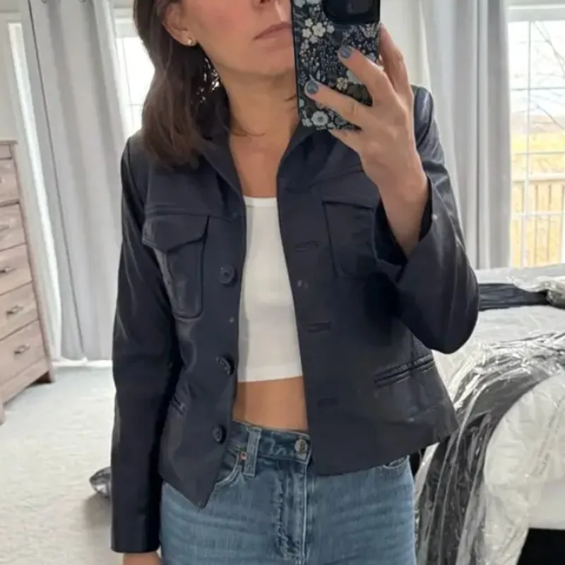 Zadig & Voltaire Blue Real Leather Jacket MEDIUM Cropped Lambskin Designer $800 - Image 6