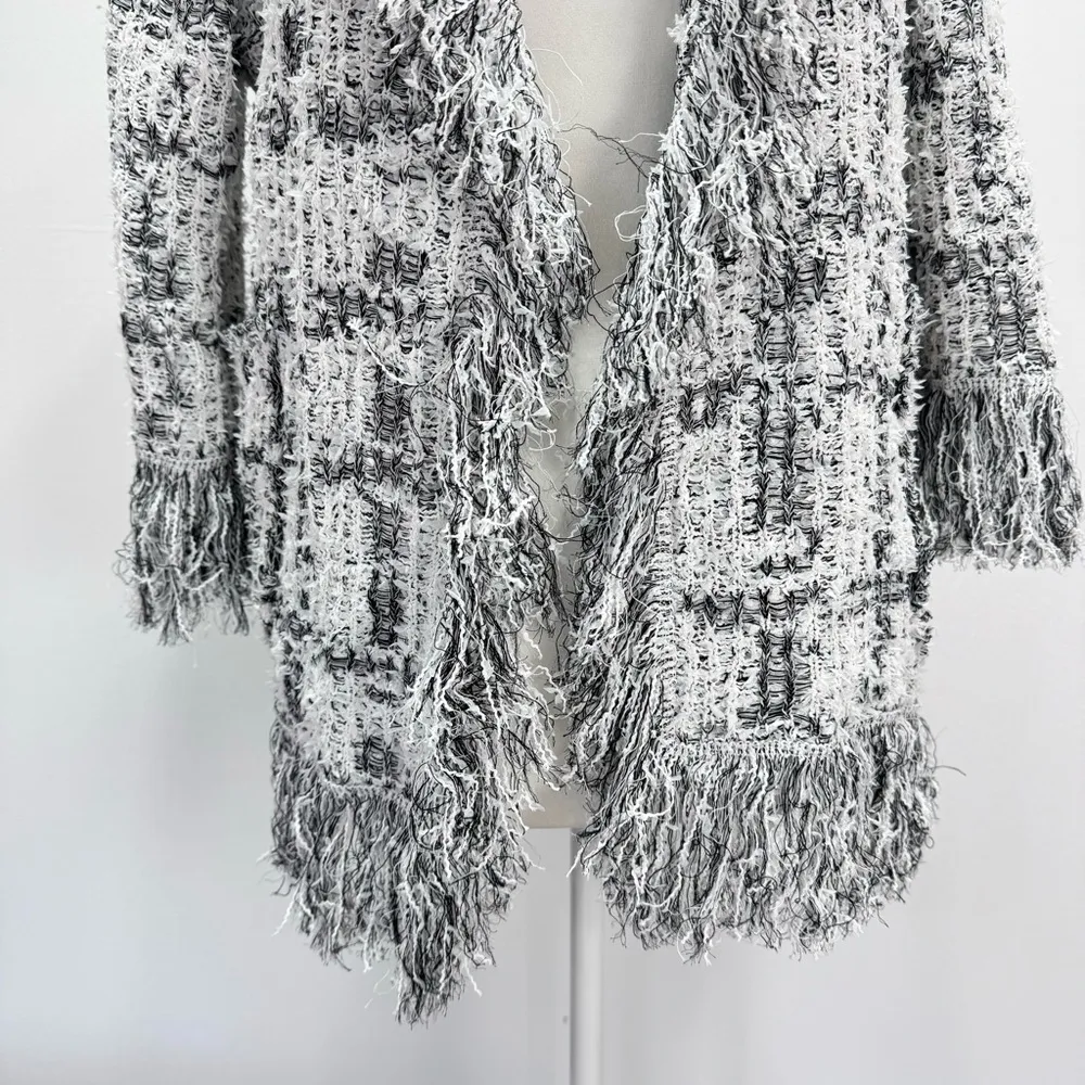 Bruno Manetti Italian Made Cardigan Black & White Fringe Open Front Boho Small - Image 11