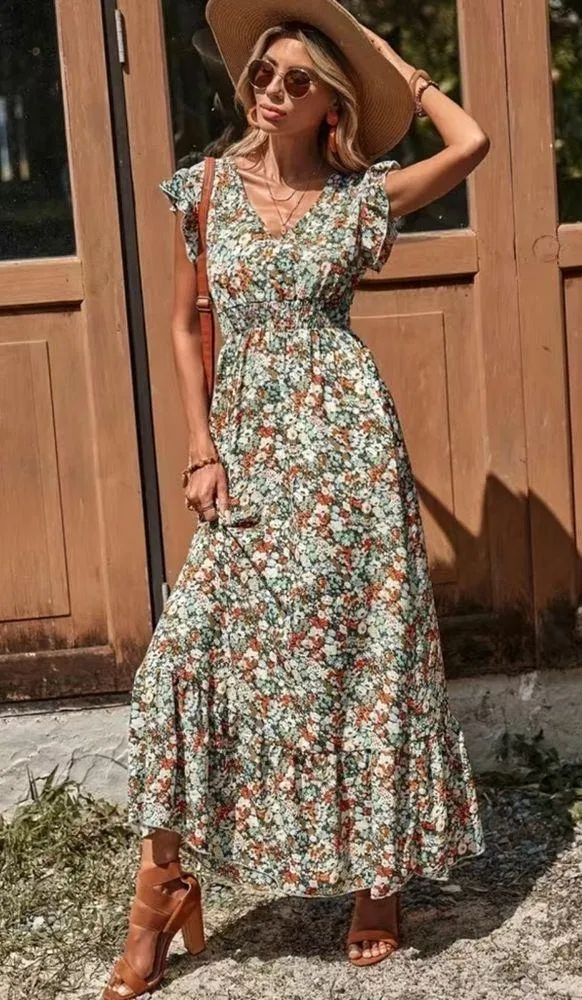 Women’s Ditsy Floral Ruffle Trim V Neck Smocked Waist Boho Maxi Dress NWT Green Size M - Image 5