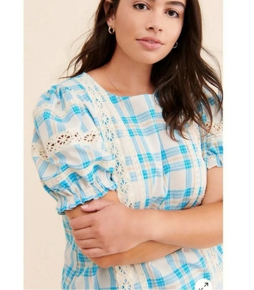 Moon River Anthropologie Plaid Lace Plaid Puff Sleeve Top Women's Small Blue NWT - Image 3